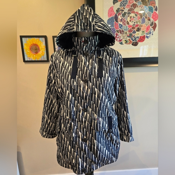 Lands' End Raincoat utility jacket Black, White with Red Accents - Picture 2 of 13